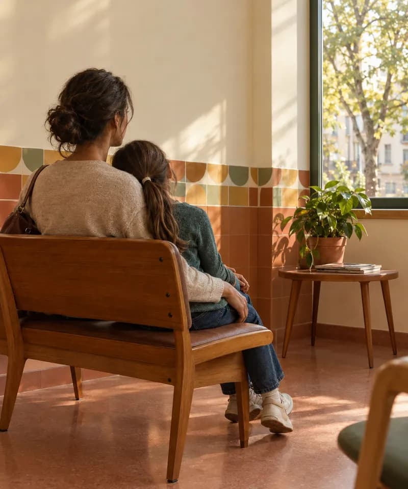 Mãe e criança sentadas juntas numa sala de espera calma e soalheira