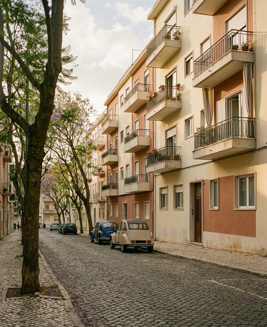 Rua arborizada com prédios dos anos 50 em Alvalade, Lisboa