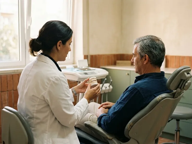 Dentista a explicar um plano de tratamento a um paciente com um modelo dentário